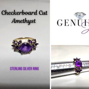 Checker Board Cut Amethyst & Half Flower Ring